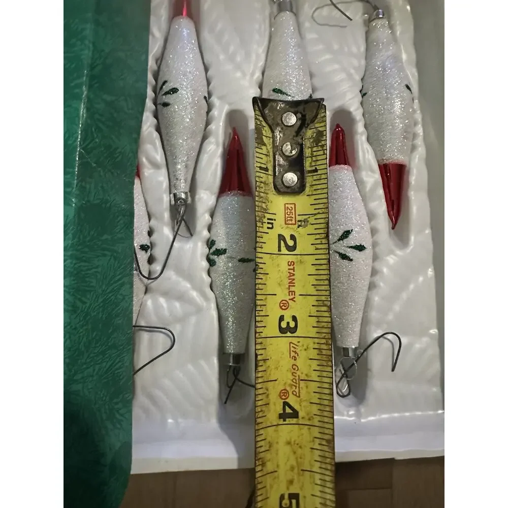 2-VTG Trim A Home Kmart Tear Drop Red White Green Glitter Glass Ornament Xmas